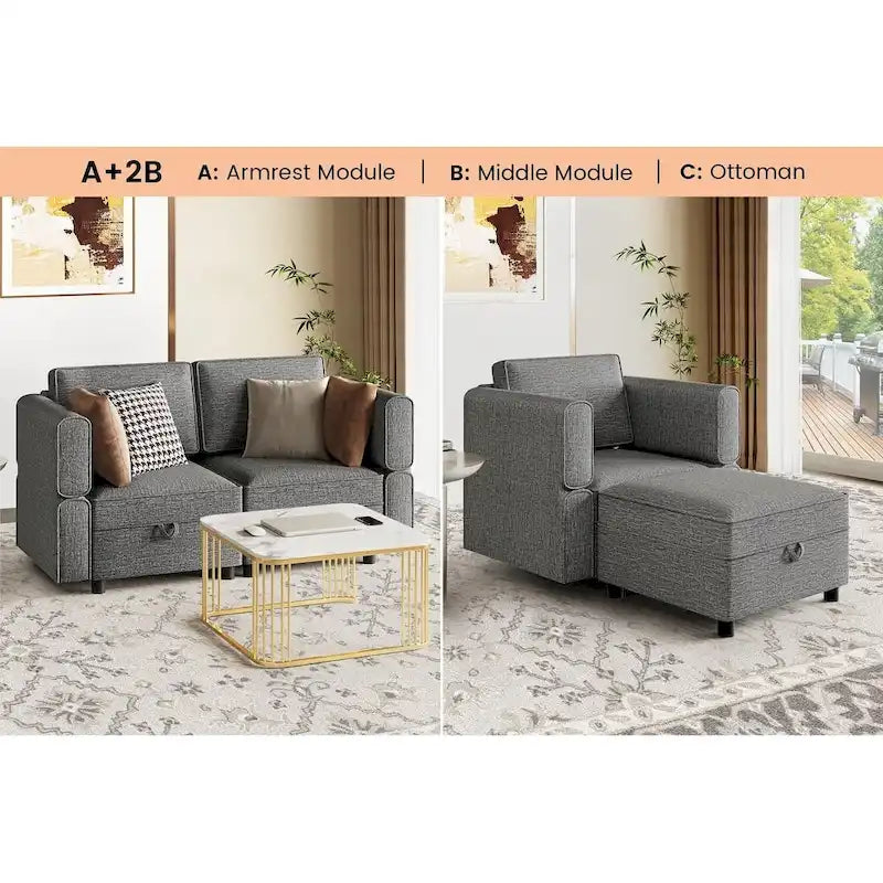 Chenille Loveseat Sofa with Hidden Storage Adjustable Backrest Hardwood Frame Grey