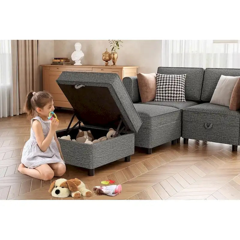 Chenille Loveseat Sofa with Hidden Storage Adjustable Backrest Hardwood Frame Grey