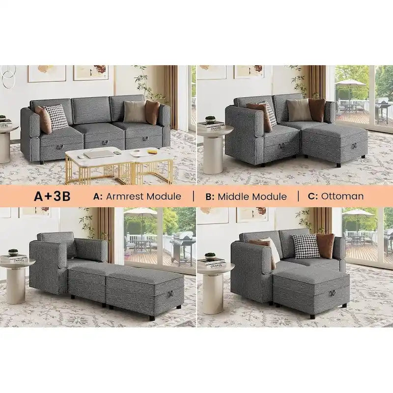 Chenille-Zweisitzer-Sofa mit verborgenem Stauraum, verstellbarer Rückenlehne, Hartholzrahmen, Grau