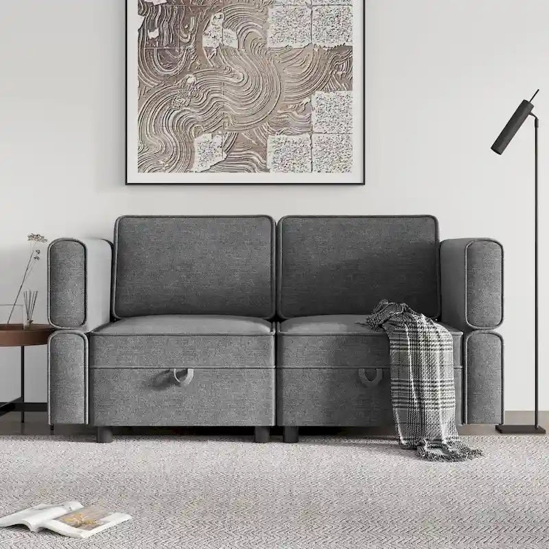 Chenille-Zweisitzer-Sofa mit verborgenem Stauraum, verstellbarer Rückenlehne, Hartholzrahmen, Grau