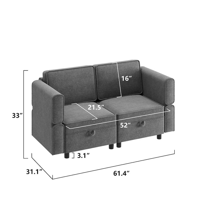 Chenille-Zweisitzer-Sofa mit verborgenem Stauraum, verstellbarer Rückenlehne, Hartholzrahmen, Grau