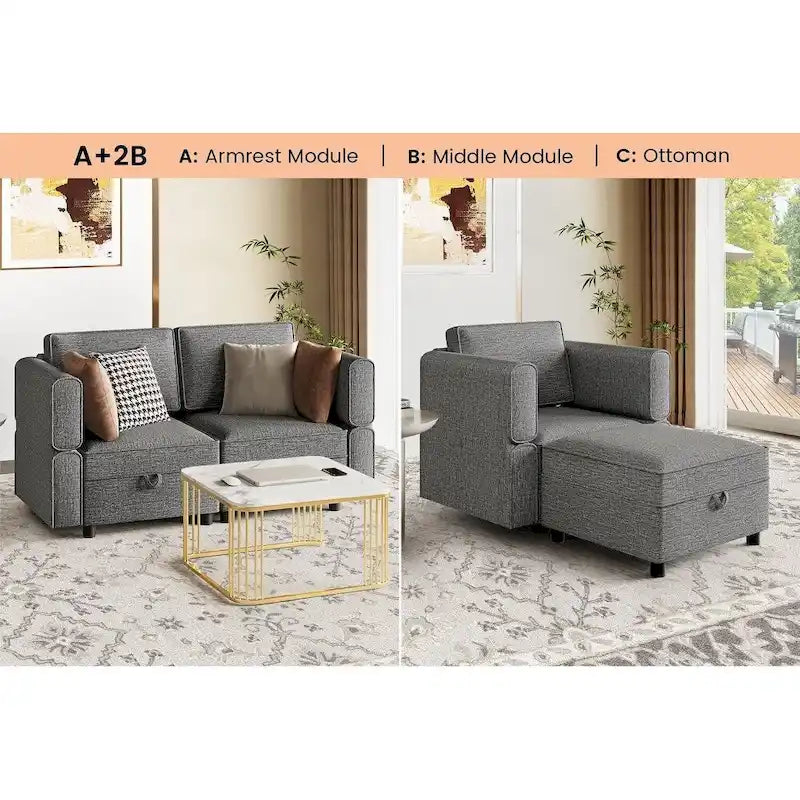 Chenille-Zweisitzer-Sofa mit verborgenem Stauraum, verstellbarer Rückenlehne, Hartholzrahmen, Grau