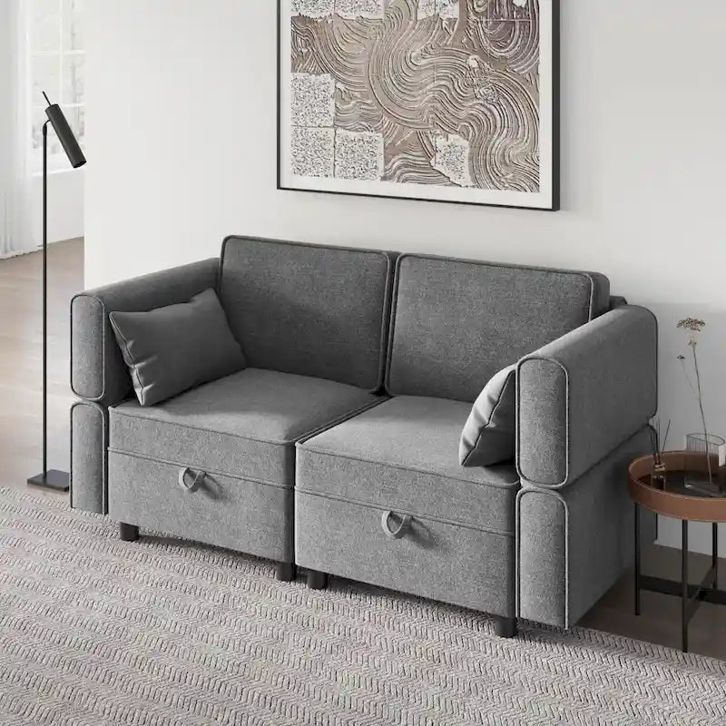 Chenille-Zweisitzer-Sofa mit verborgenem Stauraum, verstellbarer Rückenlehne, Hartholzrahmen, Grau