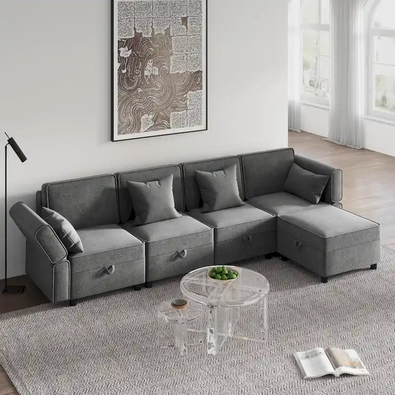 Chenille-Zweisitzer-Sofa mit verborgenem Stauraum, verstellbarer Rückenlehne, Hartholzrahmen, Grau