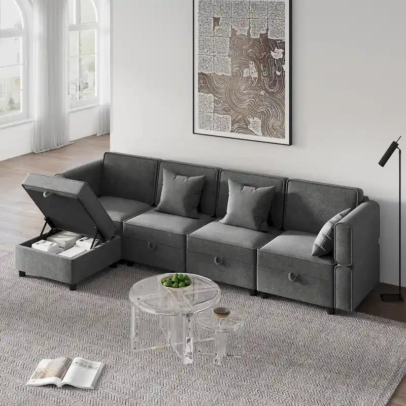 Chenille-Zweisitzer-Sofa mit verborgenem Stauraum, verstellbarer Rückenlehne, Hartholzrahmen, Grau