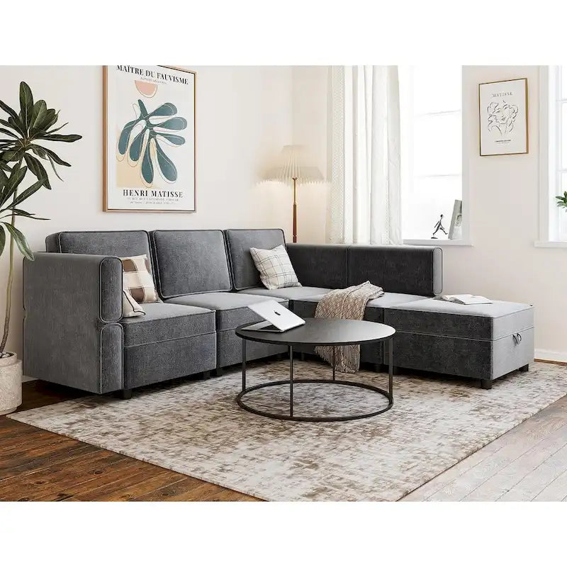 Chenille-Zweisitzer-Sofa mit verborgenem Stauraum, verstellbarer Rückenlehne, Hartholzrahmen, Grau