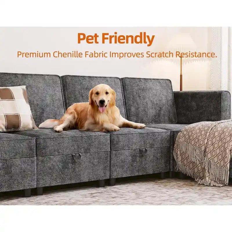 Chenille-Zweisitzer-Sofa mit verborgenem Stauraum, verstellbarer Rückenlehne, Hartholzrahmen, Grau