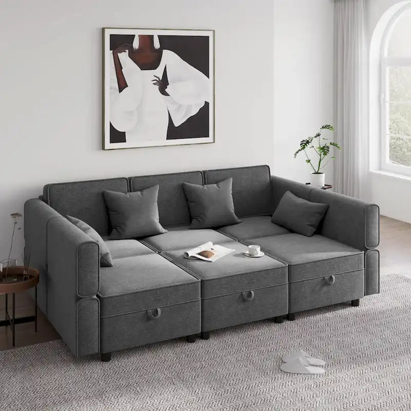 Chenille-Zweisitzer-Sofa mit verborgenem Stauraum, verstellbarer Rückenlehne, Hartholzrahmen, Grau