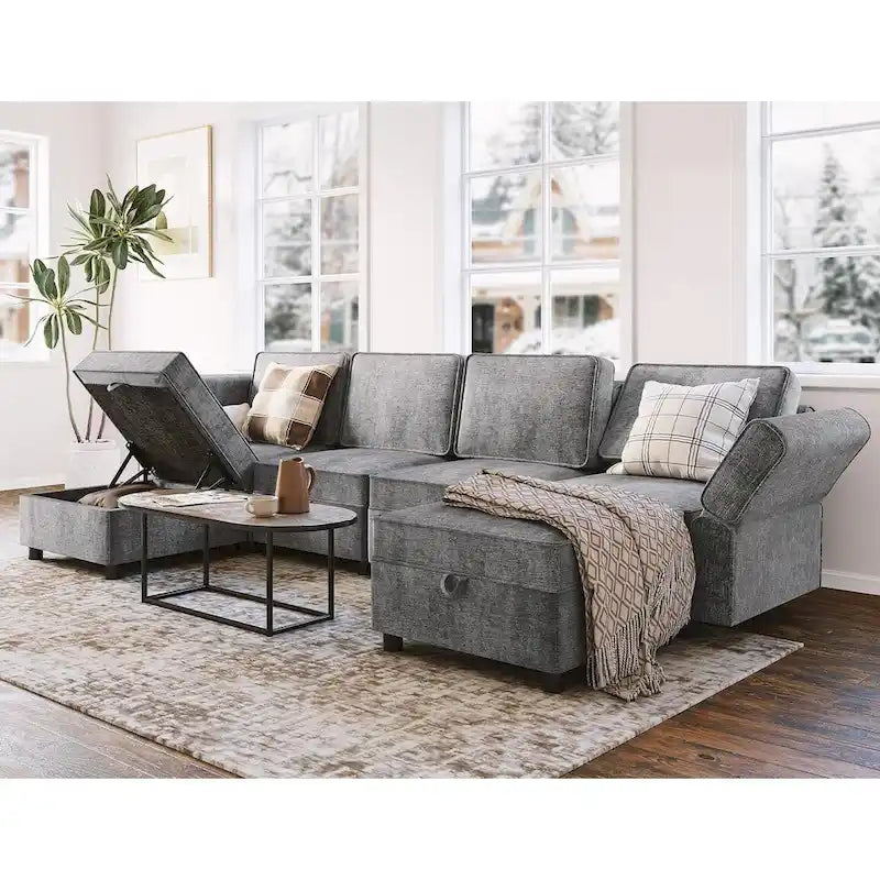 Chenille-Zweisitzer-Sofa mit verborgenem Stauraum, verstellbarer Rückenlehne, Hartholzrahmen, Grau