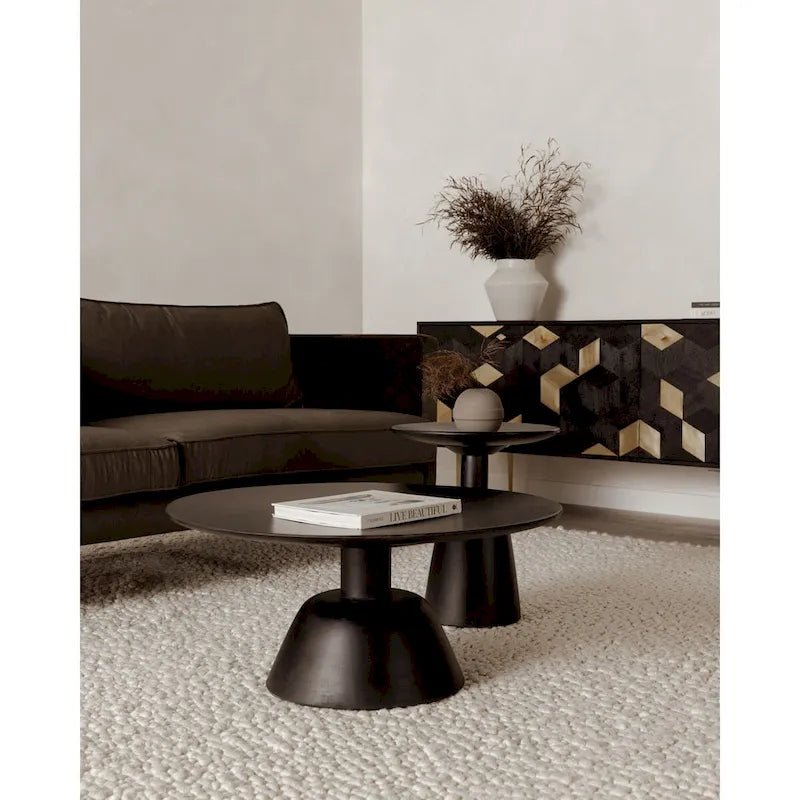 Round Solid Mango Wood Pedestal Coffee Table Modern Dark Matte Finish