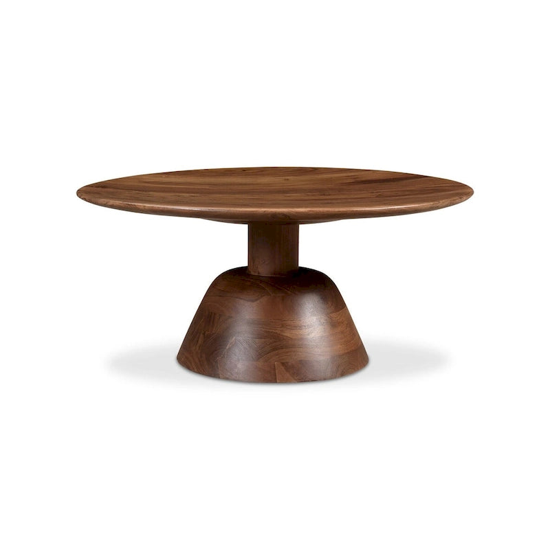 Table basse ronde à piètement central en bois massif de manguier, moderne, finition mate foncée