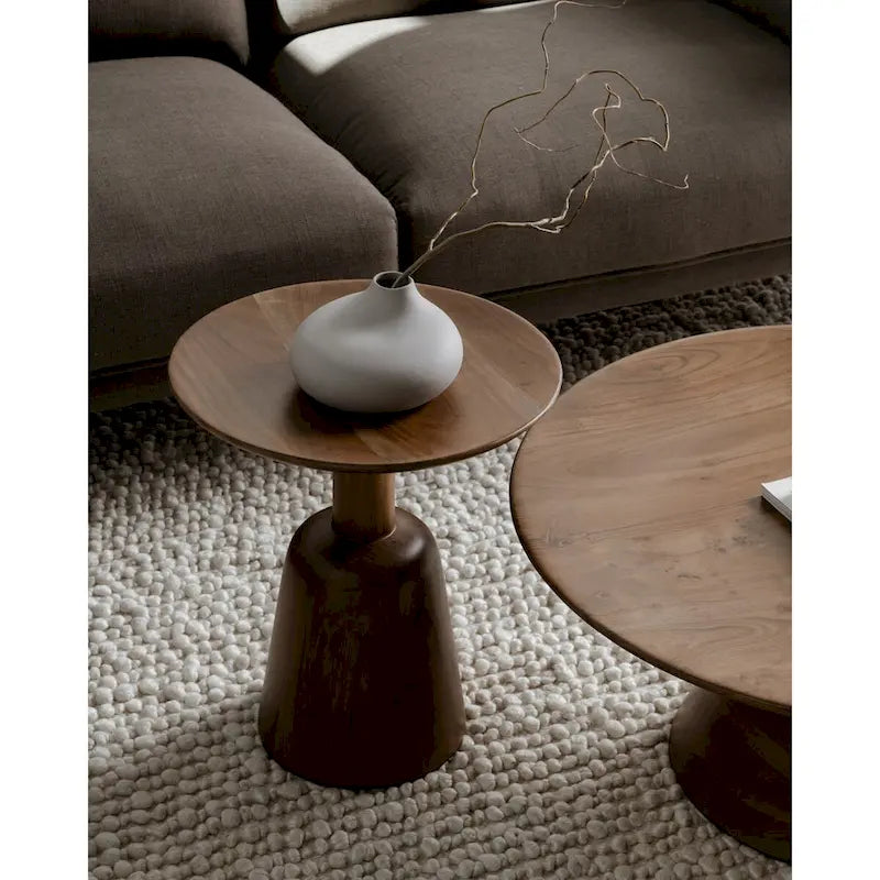 Table basse ronde à piètement central en bois massif de manguier, moderne, finition mate foncée
