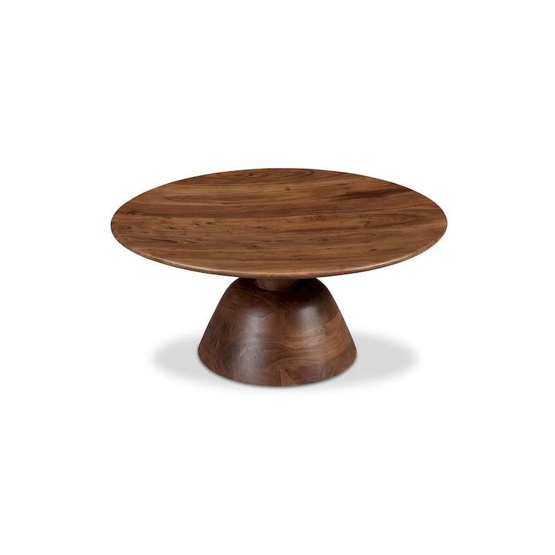Table basse ronde à piètement central en bois massif de manguier, moderne, finition mate foncée