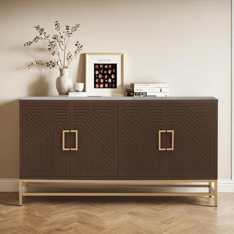 Retro Sideboard Buffet Cabinet Ash Veneer 4-Door Adjustable Shelves Metal Legs Espresso Navy Black