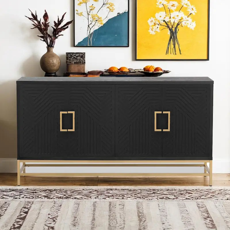 Retro Sideboard Buffet Cabinet Ash Veneer 4-Door Adjustable Shelves Metal Legs Espresso Navy Black