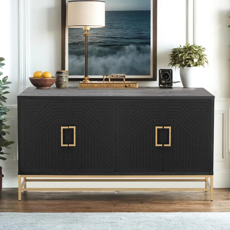 Retro Sideboard Buffet Cabinet Ash Veneer 4-Door Adjustable Shelves Metal Legs Espresso Navy Black