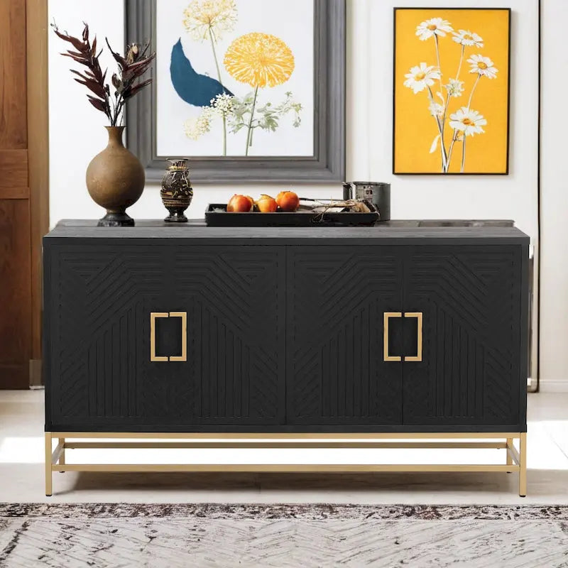 Retro Sideboard Buffet Cabinet Ash Veneer 4-Door Adjustable Shelves Metal Legs Espresso Navy Black