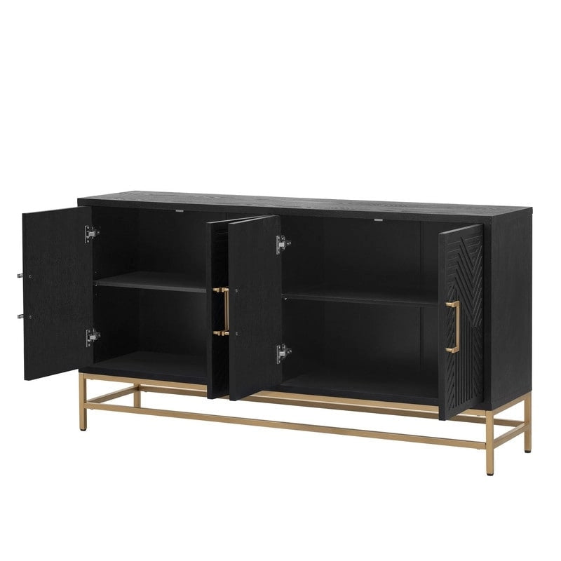 Retro Sideboard Buffet Cabinet Ash Veneer 4-Door Adjustable Shelves Metal Legs Espresso Navy Black
