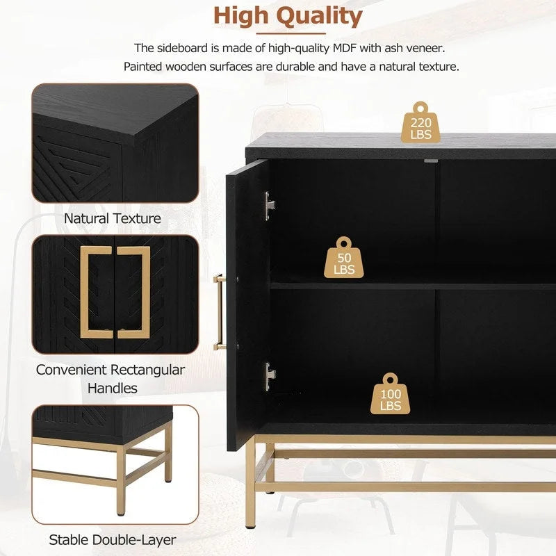 Retro Sideboard Buffet Cabinet Ash Veneer 4-Door Adjustable Shelves Metal Legs Espresso Navy Black
