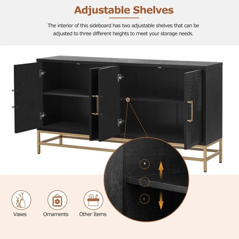 Retro Sideboard Buffet Cabinet Ash Veneer 4-Door Adjustable Shelves Metal Legs Espresso Navy Black