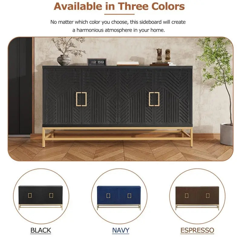 Retro Sideboard Buffet Cabinet Ash Veneer 4-Door Adjustable Shelves Metal Legs Espresso Navy Black