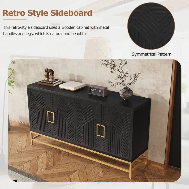 Retro Sideboard Buffet Cabinet Ash Veneer 4-Door Adjustable Shelves Metal Legs Espresso Navy Black