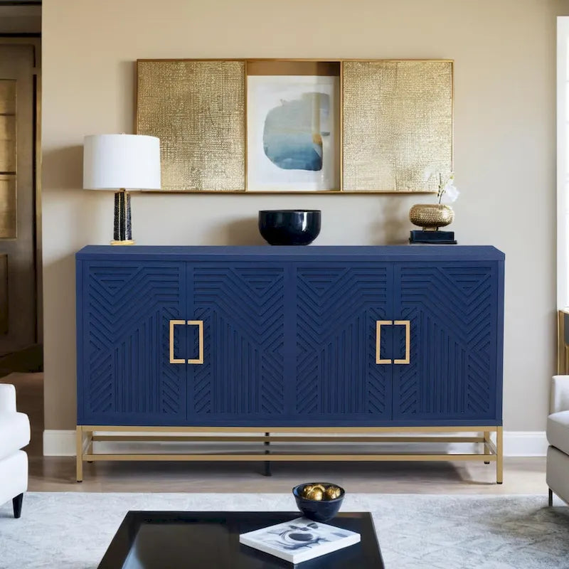 Retro Sideboard Buffet Cabinet Ash Veneer 4-Door Adjustable Shelves Metal Legs Espresso Navy Black