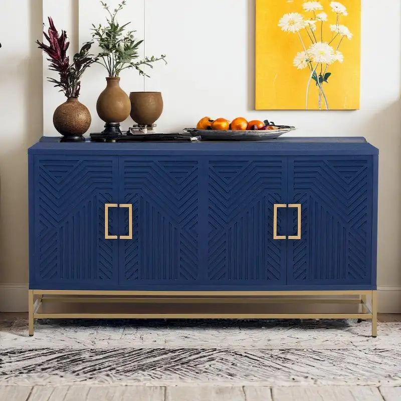Retro Sideboard Buffet Cabinet Ash Veneer 4-Door Adjustable Shelves Metal Legs Espresso Navy Black