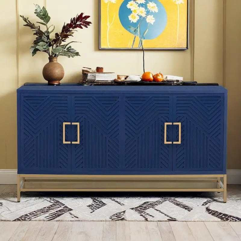 Retro Sideboard Buffet Cabinet Ash Veneer 4-Door Adjustable Shelves Metal Legs Espresso Navy Black