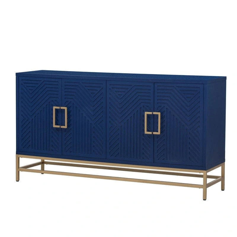 Retro Sideboard Buffet Cabinet Ash Veneer 4-Door Adjustable Shelves Metal Legs Espresso Navy Black