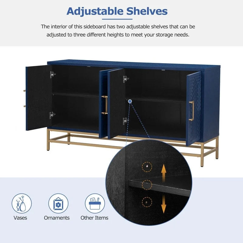 Retro Sideboard Buffet Cabinet Ash Veneer 4-Door Adjustable Shelves Metal Legs Espresso Navy Black