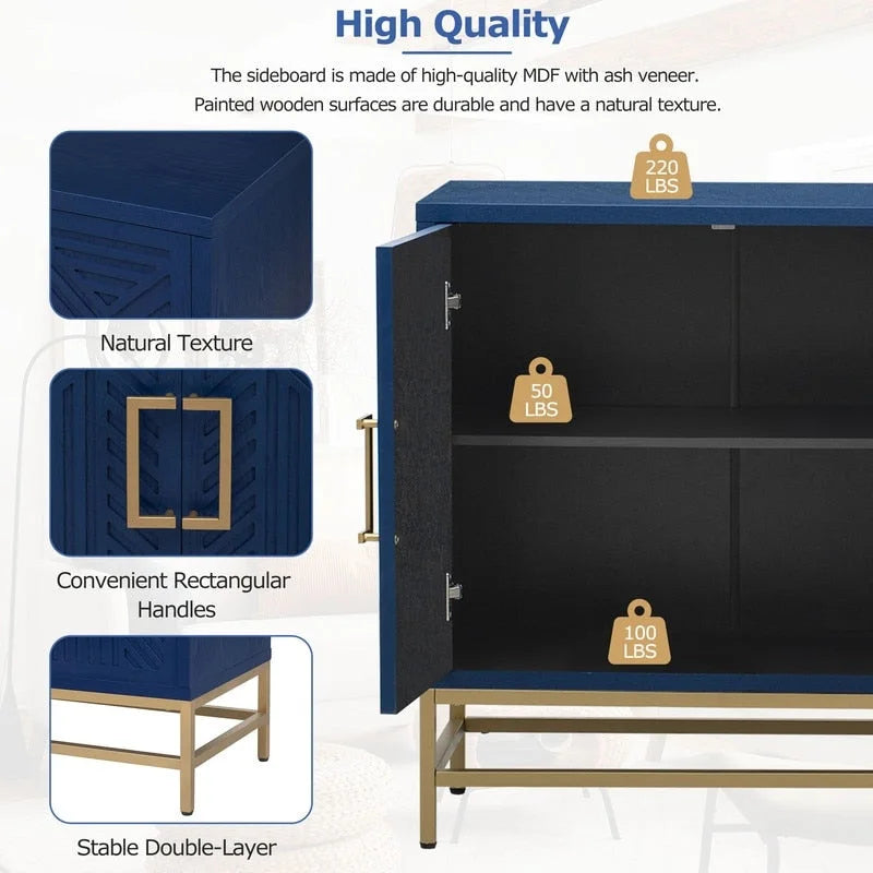 Retro Sideboard Buffet Cabinet Ash Veneer 4-Door Adjustable Shelves Metal Legs Espresso Navy Black