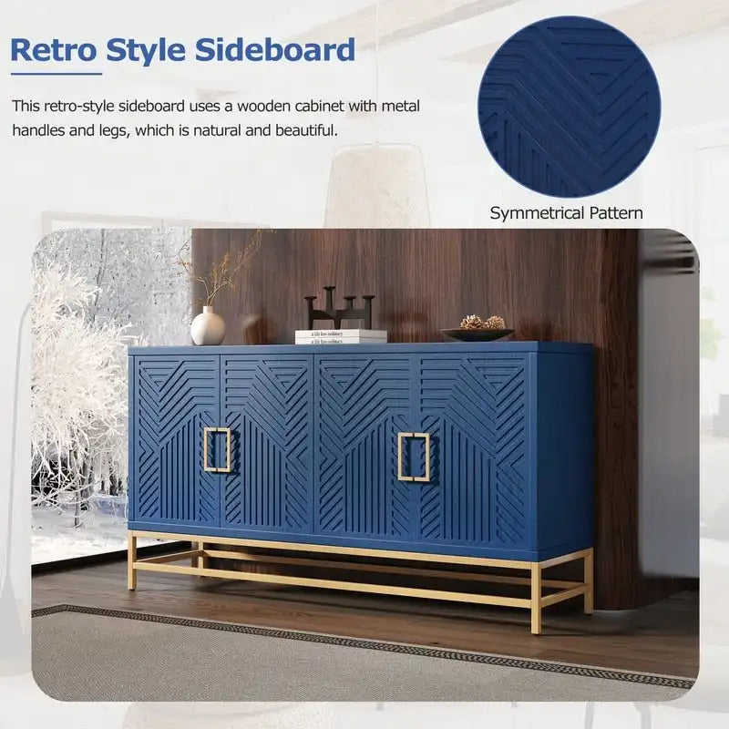 Retro Sideboard Buffet Cabinet Ash Veneer 4-Door Adjustable Shelves Metal Legs Espresso Navy Black