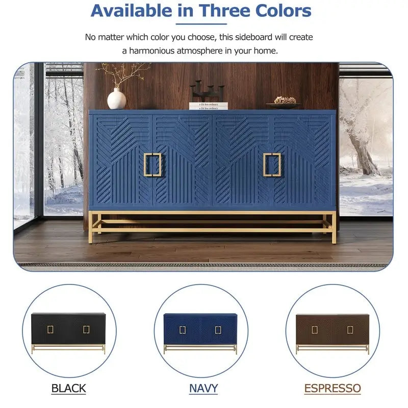 Retro Sideboard Buffet Cabinet Ash Veneer 4-Door Adjustable Shelves Metal Legs Espresso Navy Black