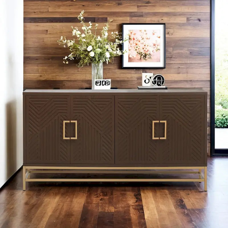 Retro Sideboard Buffet Cabinet Ash Veneer 4-Door Adjustable Shelves Metal Legs Espresso Navy Black