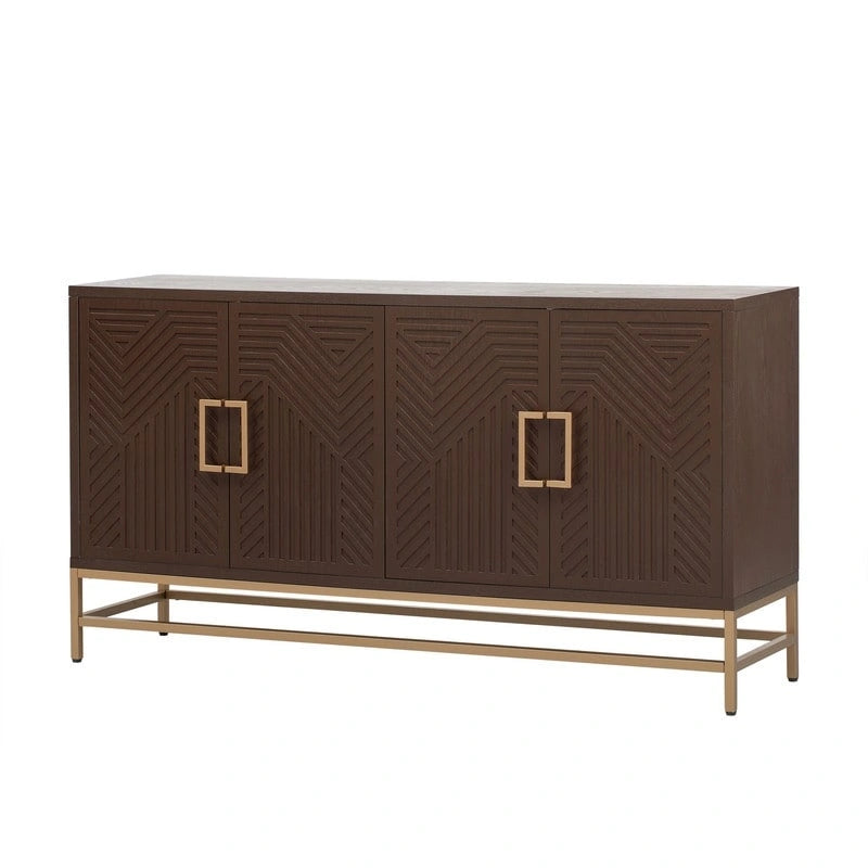 Retro Sideboard Buffet Cabinet Ash Veneer 4-Door Adjustable Shelves Metal Legs Espresso Navy Black
