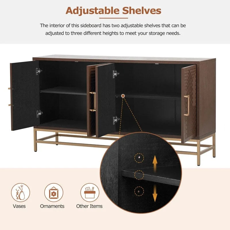Retro Sideboard Buffet Cabinet Ash Veneer 4-Door Adjustable Shelves Metal Legs Espresso Navy Black