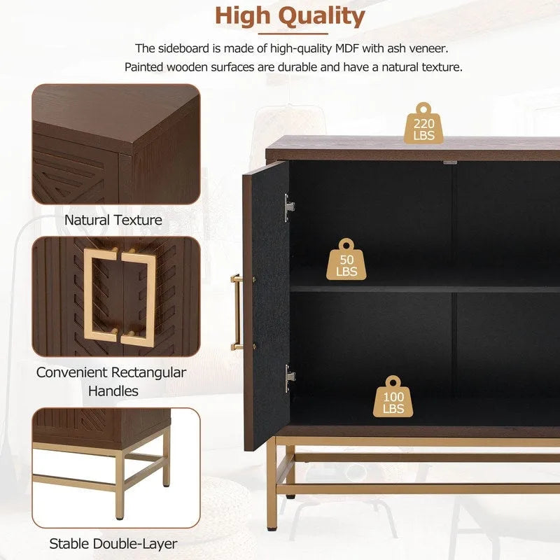 Retro Sideboard Buffet Cabinet Ash Veneer 4-Door Adjustable Shelves Metal Legs Espresso Navy Black