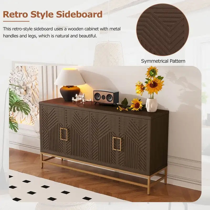 Retro Sideboard Buffet Cabinet Ash Veneer 4-Door Adjustable Shelves Metal Legs Espresso Navy Black
