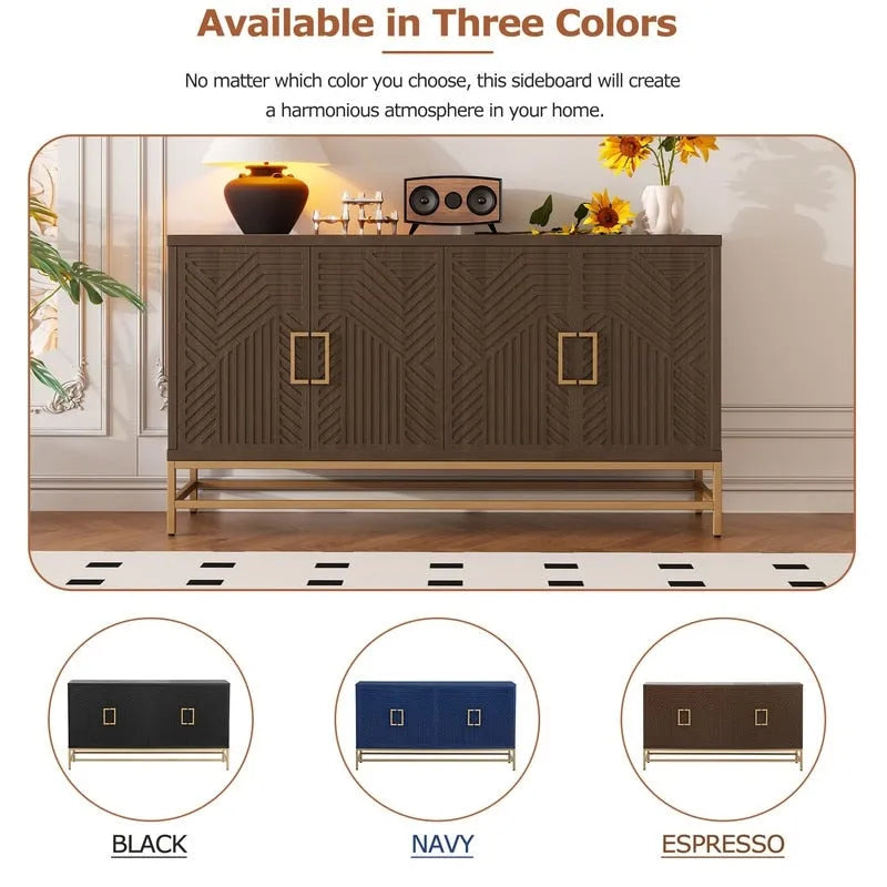 Retro Sideboard Buffet Cabinet Ash Veneer 4-Door Adjustable Shelves Metal Legs Espresso Navy Black