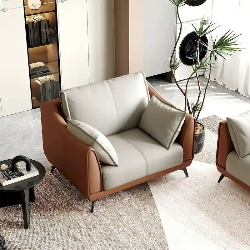 Modern Faux Leather Accent Chair Two-Tone High-Density Foam Pinewood Frame Black Legs Orange