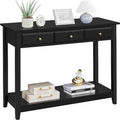 3-Drawer Console Table Bottom Shelf Pinewood Legs MDF Top Black 42W x 31.5H in.