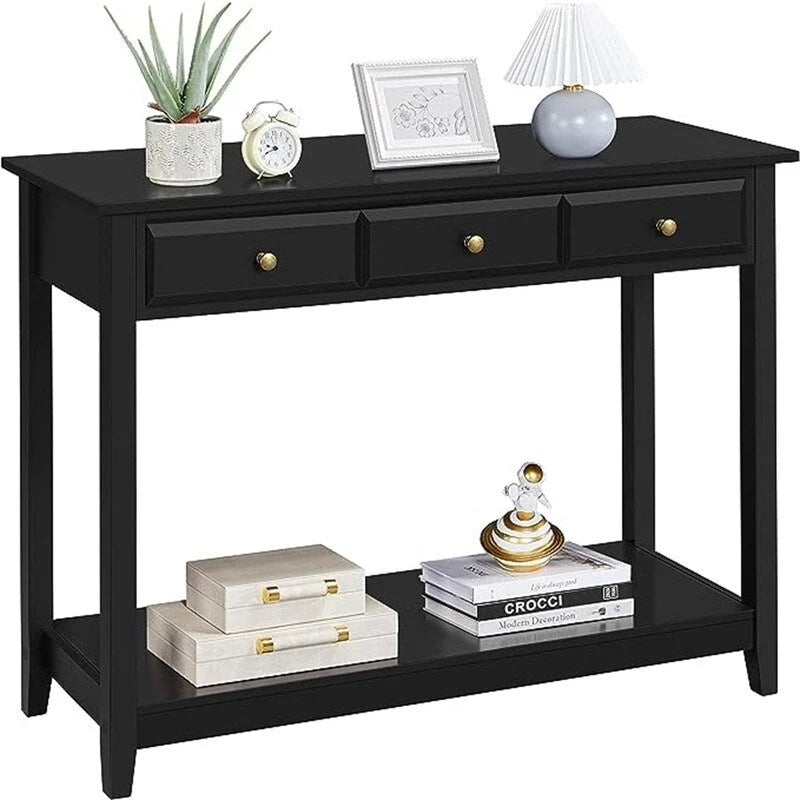 3-Drawer Console Table Bottom Shelf Pinewood Legs MDF Top Black 42W x 31.5H in.