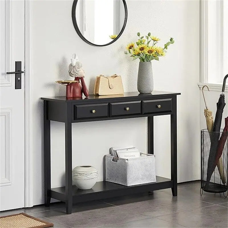 3-Drawer Console Table Bottom Shelf Pinewood Legs MDF Top Black 42W x 31.5H in.