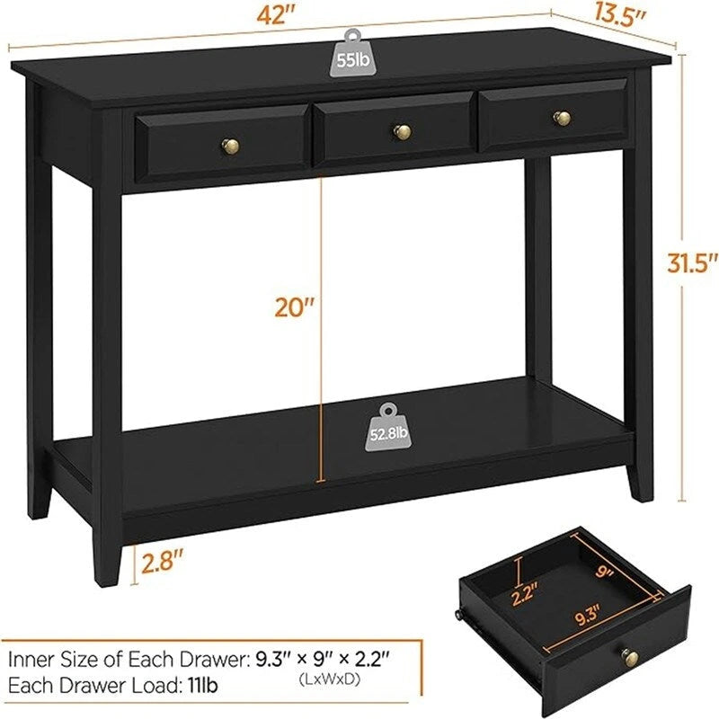 3-Drawer Console Table Bottom Shelf Pinewood Legs MDF Top Black 42W x 31.5H in.