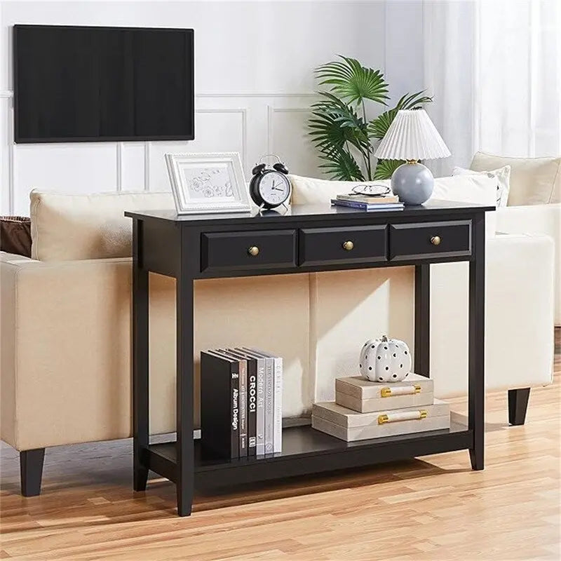 3-Drawer Console Table Bottom Shelf Pinewood Legs MDF Top Black 42W x 31.5H in.