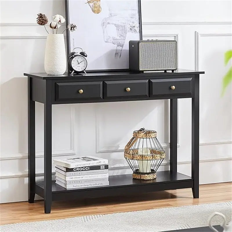 3-Drawer Console Table Bottom Shelf Pinewood Legs MDF Top Black 42W x 31.5H in.