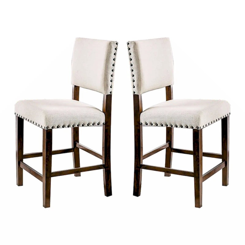 Set of 2 Linen Upholstered Counter Height Dining Chairs Nailhead Trim Cherry Wood Legs Ivory