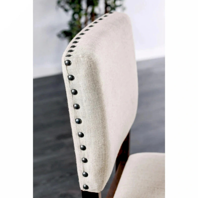 Set of 2 Linen Upholstered Counter Height Dining Chairs Nailhead Trim Cherry Wood Legs Ivory