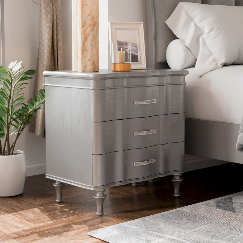 Glam Art Deco Solid Wood 3-Drawer Nightstand Crystal Handles Black Silver